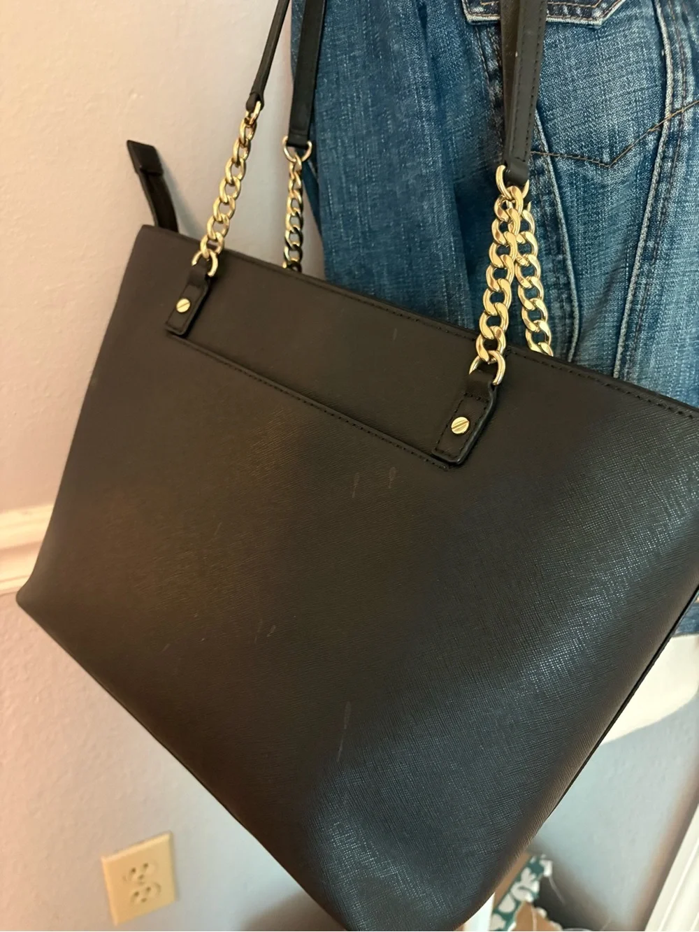 Michael Kors Black Saffiano Leather Tote with Gold Chain Detail